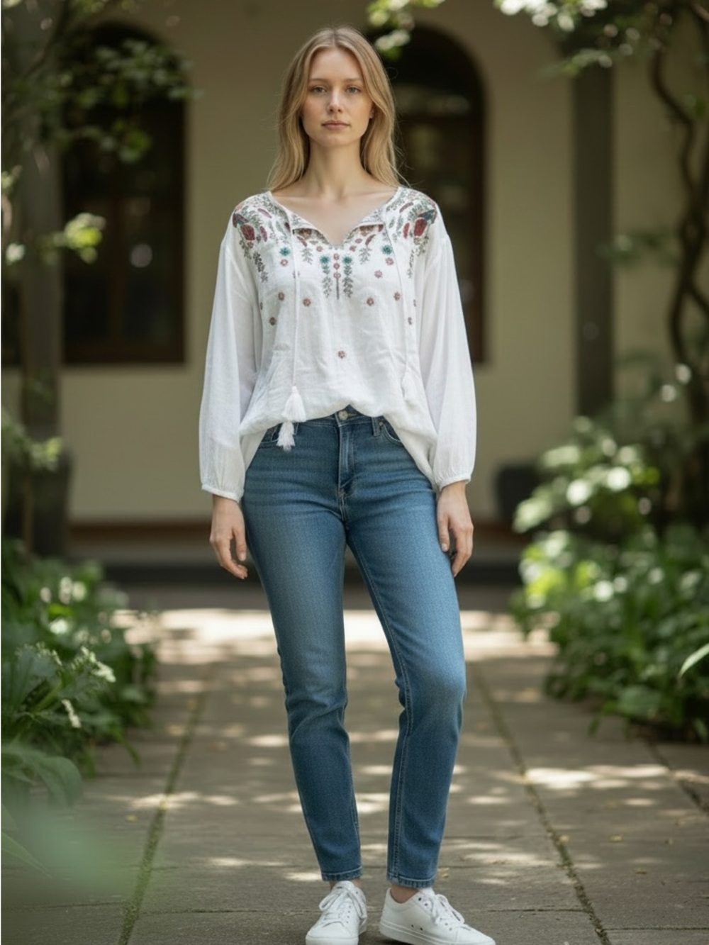 White top with colorful embroidery.